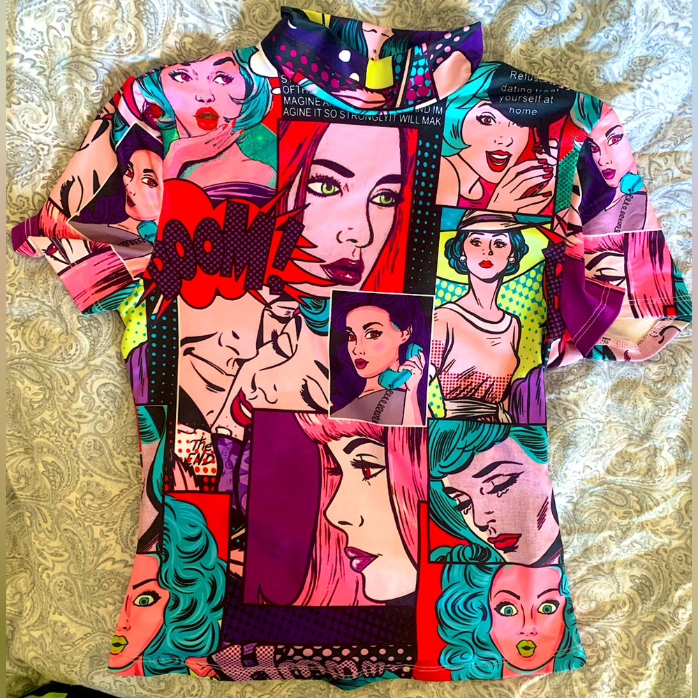 Never Worn Pop Art Retro Colorful Short Sleeve T-shirt Soft & Stretchy Womans XS